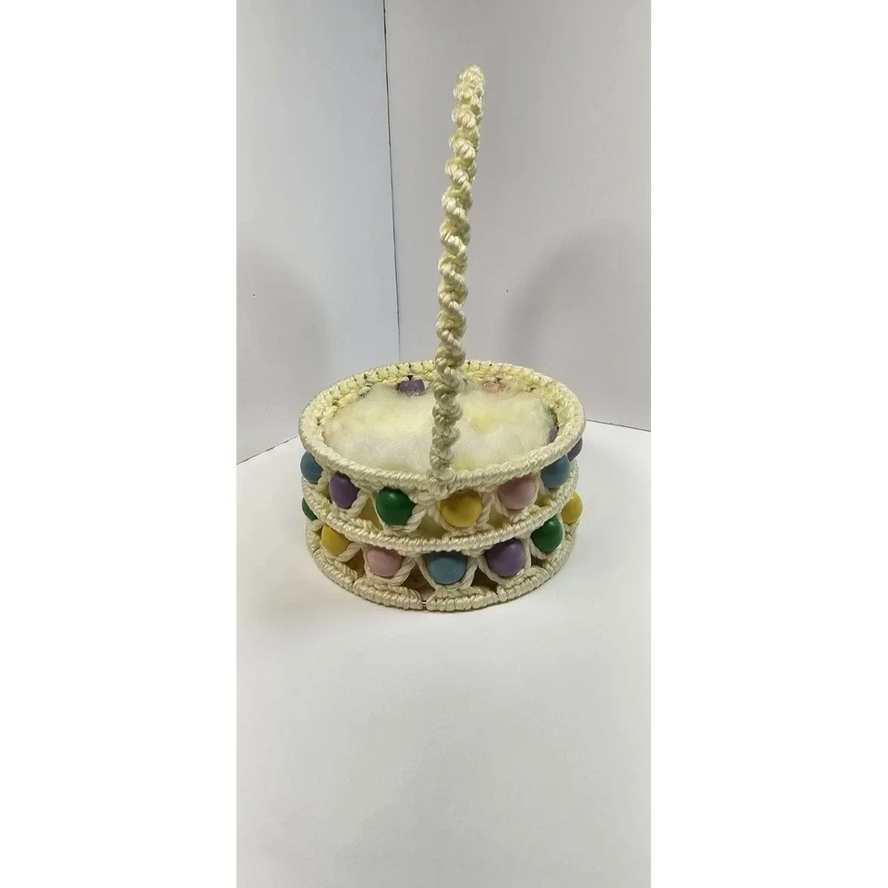 Vintage MCM‎ Macrame Easter Basket Pastel Wooden Beads Handmade Boho Decor 12